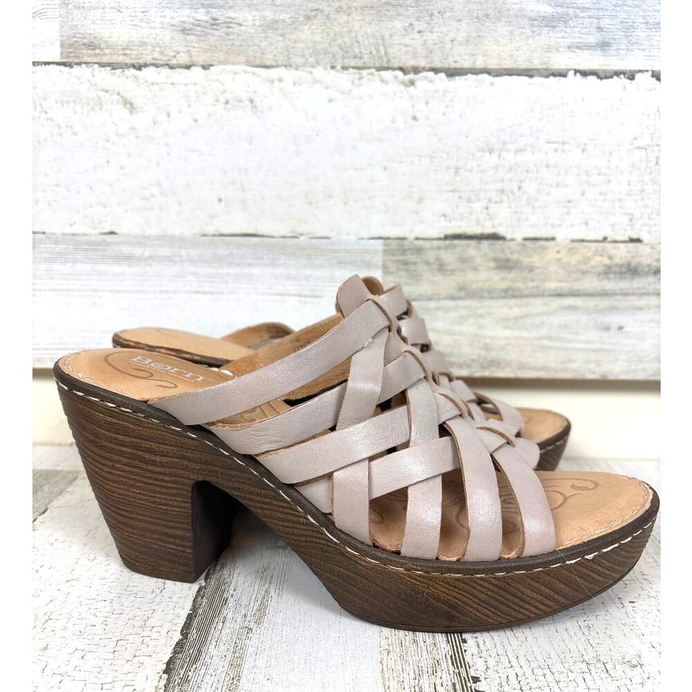 BORN Womens 11 Tan Leather Gayle Platform Slip On Cushioned Footbed Sandals NEW